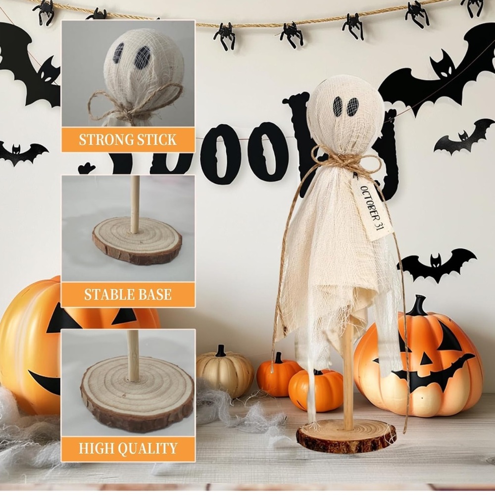 Primitive Set of 3 Halloween Ghosts on Wooden Stand - New - Picture 9 of 9